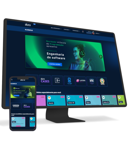 Um monitor e um celular com o Alura+ aberto.